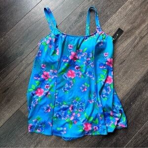 Beach Scene one piece swim suit swim dress size 24W NEW blue floral